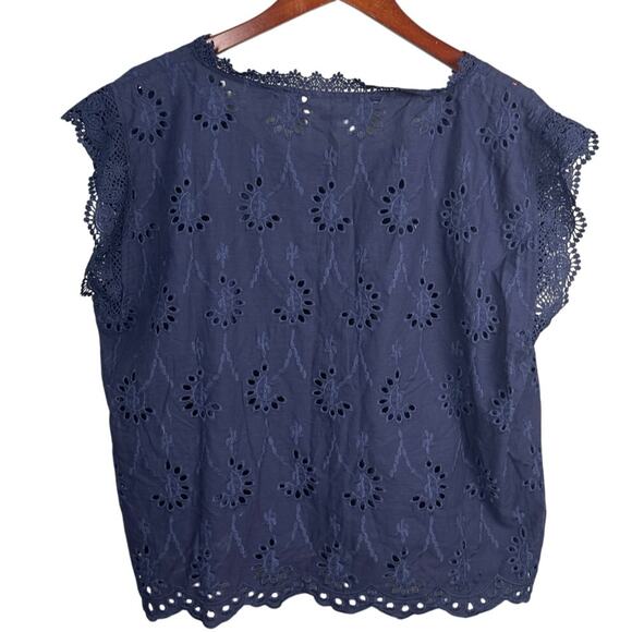 Forgotten Grace Plus Size Lace Trimmed Eyelet Blouse Navy Blue 100% Cotton NWOT - Picture 4 of 7